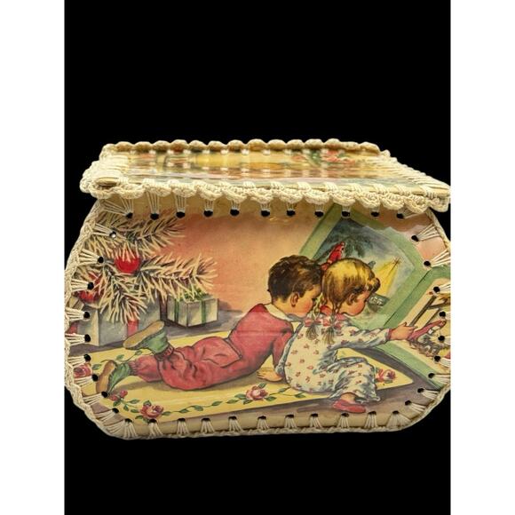 Vintage Handmade Stitched Ephemera Greeting Card Trinket Box Laminated Crochet - Picture 2 of 13